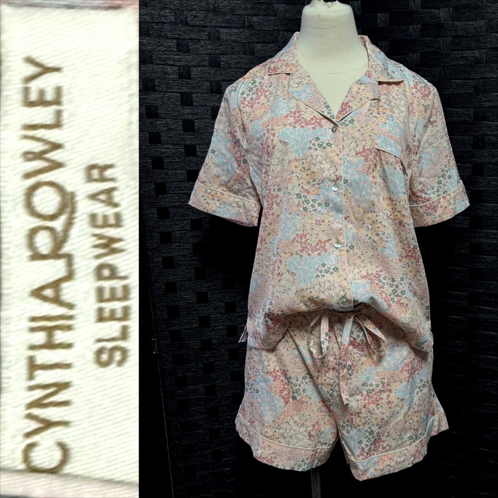 Cynthia Rowley Pajama Set Women Medium Pink Floral Short Sleeve Shorts Good PJ